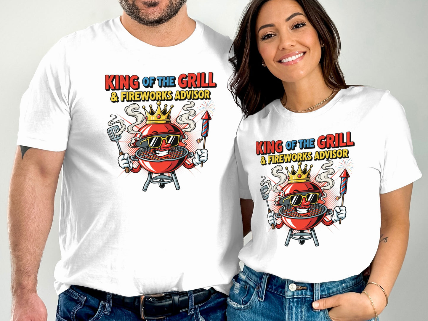 White t-shirts with "King of the Grill & Fireworks Advisor" and cartoon grill.