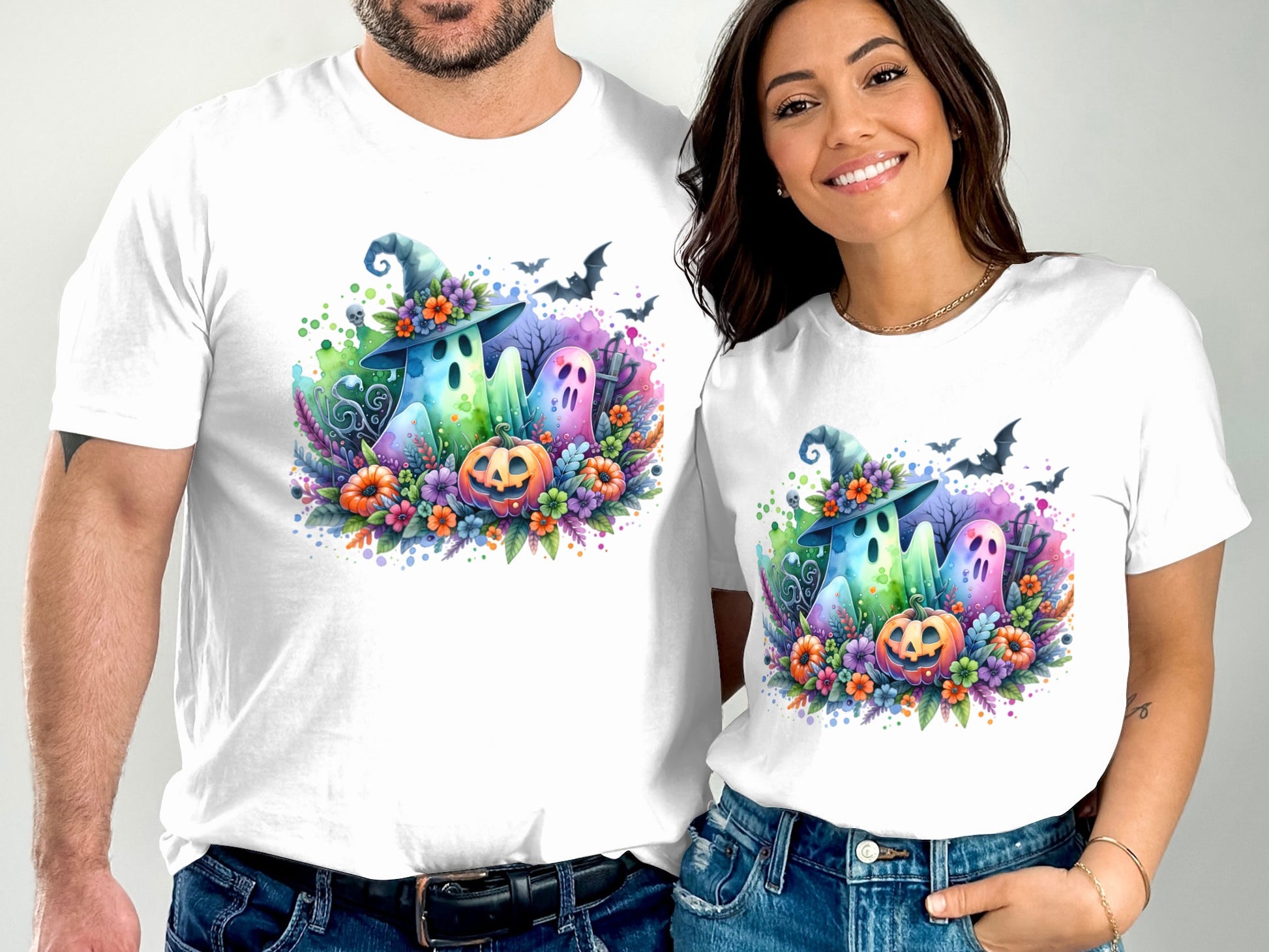 Colorful Halloween Ghost and Pumpkin Design T-shirt product type