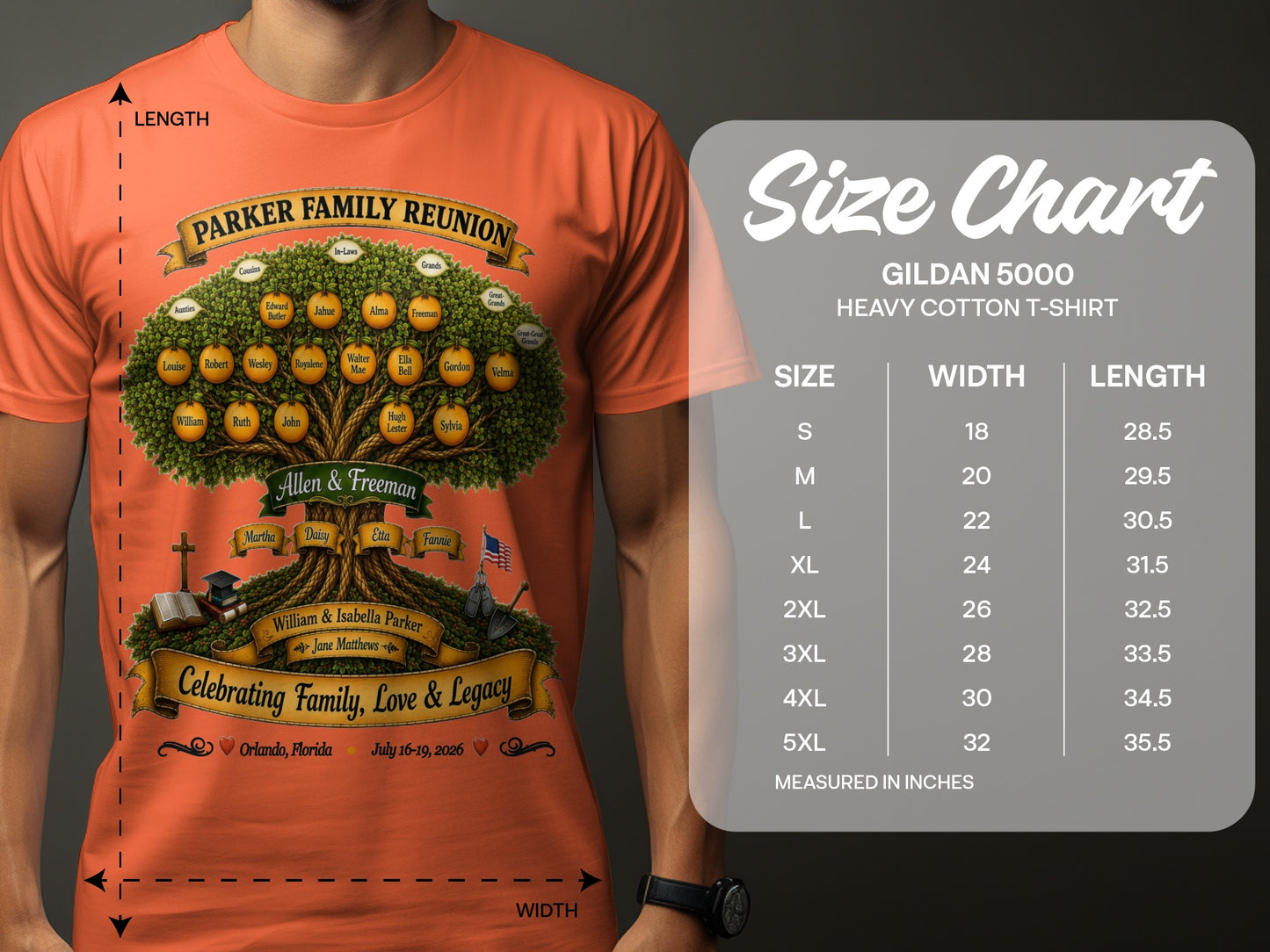 Parker Family Reunion t-shirt with family tree and size chart.