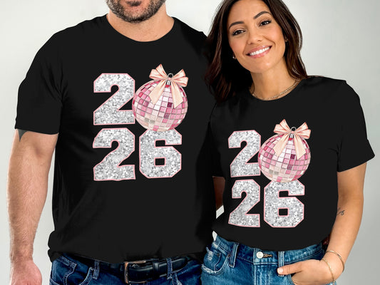 Matching New Year 2026 Glitter Disco Ball Shirts