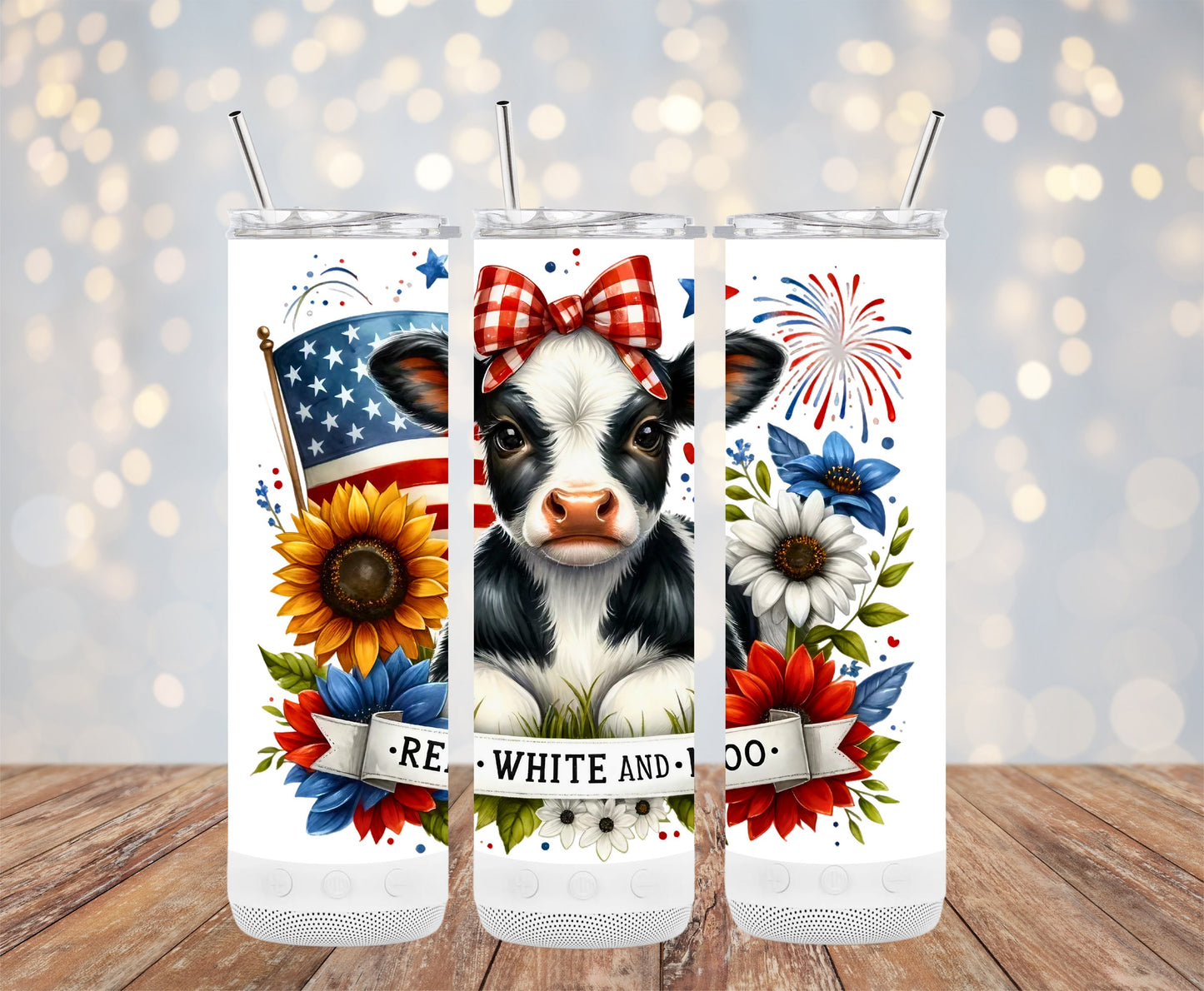 Patriotic Cow with American Flag and Sunflowers (4th July Tumblers) 8371271