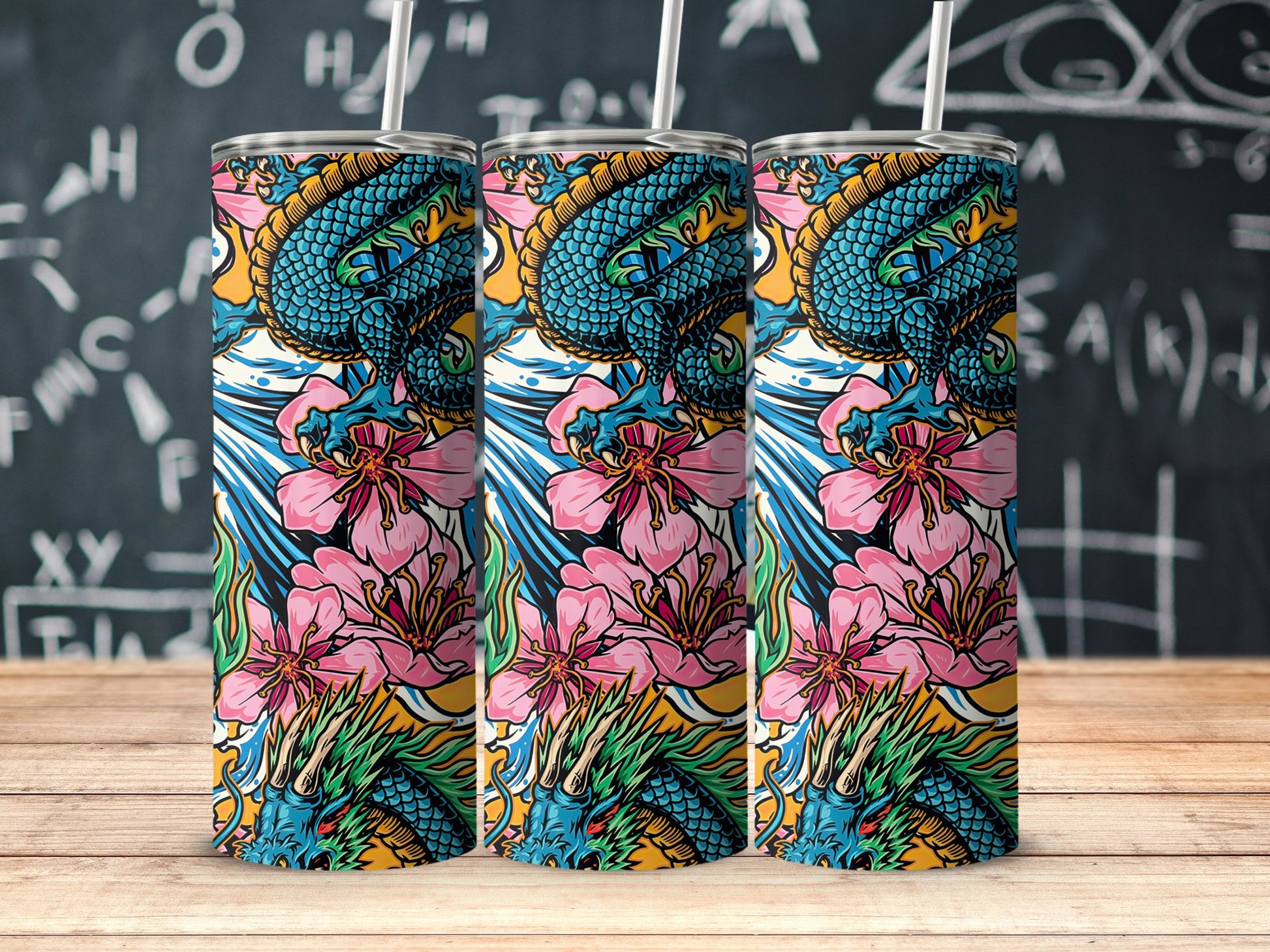 Vibrant Dragon and Flower Design Tumbler product