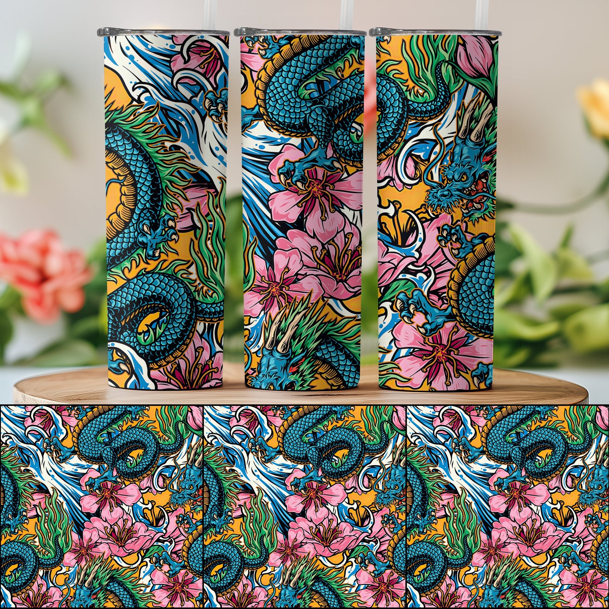 Vibrant Dragon and Flowers Wrap Tumbler product