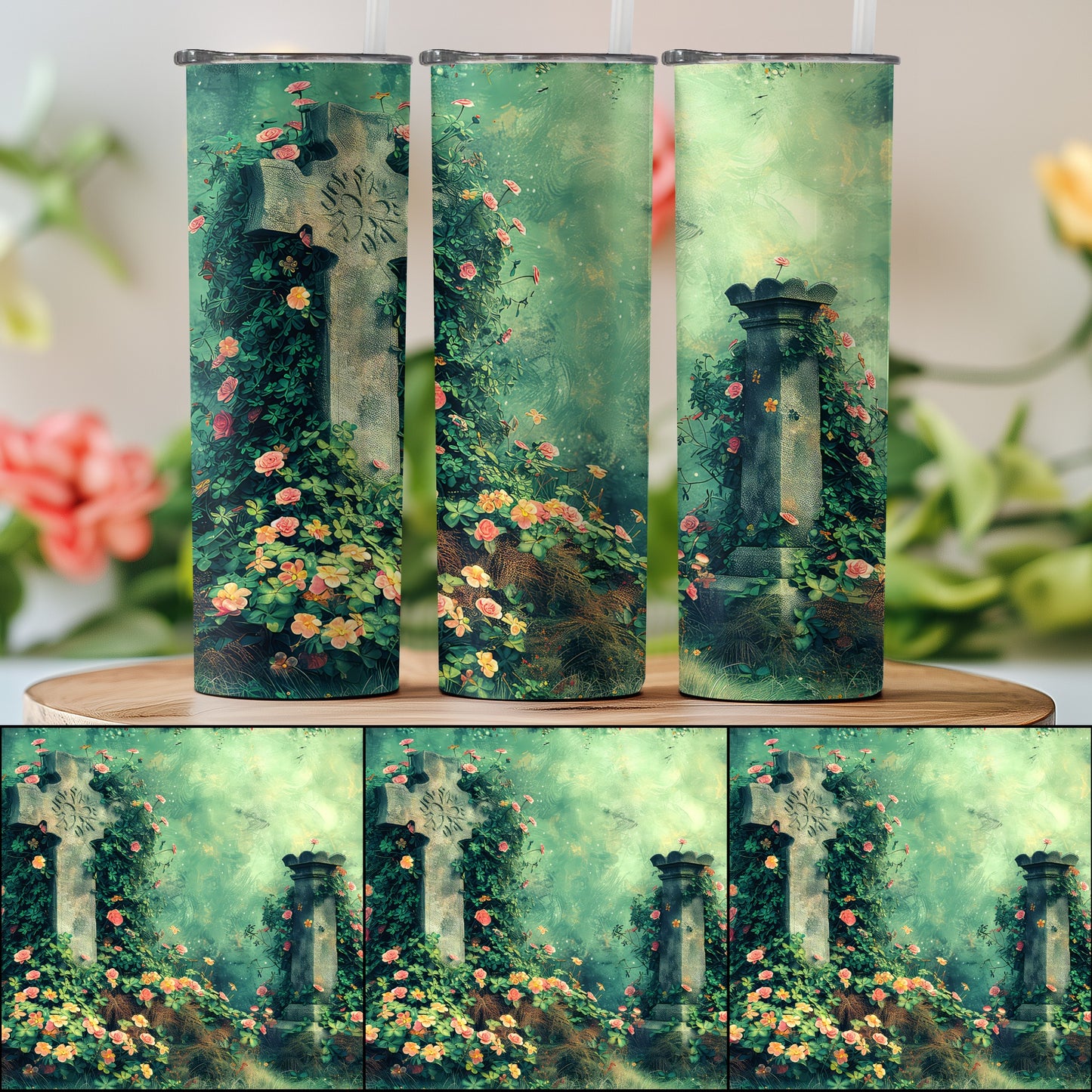 Vintage Garden Floral Tumbler with Lid and Straw