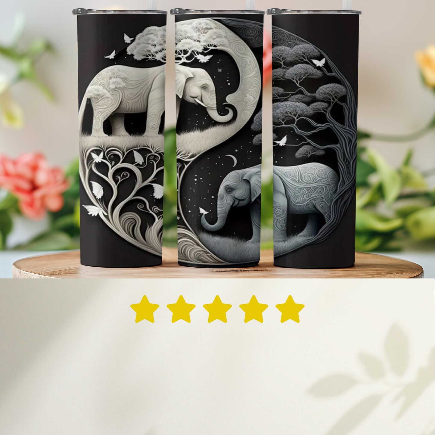 Yin and Yang Elephants Tree Of Life Black