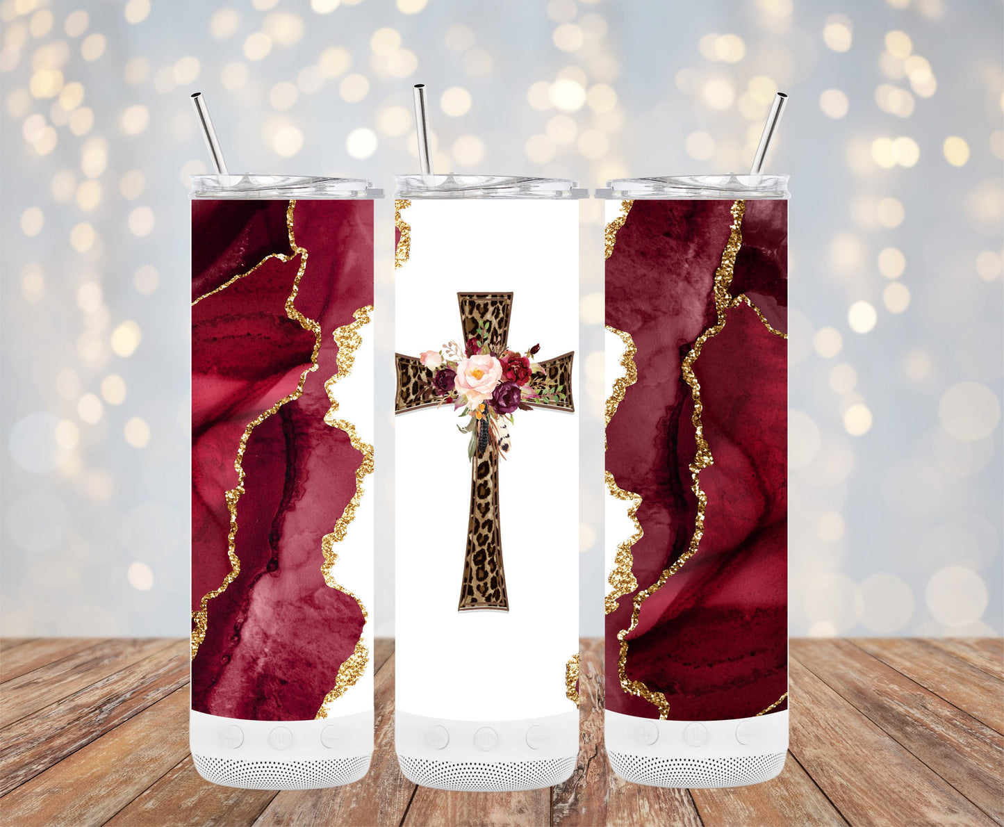 Burgundy Gold and Leopard Print Cross Tumbler product