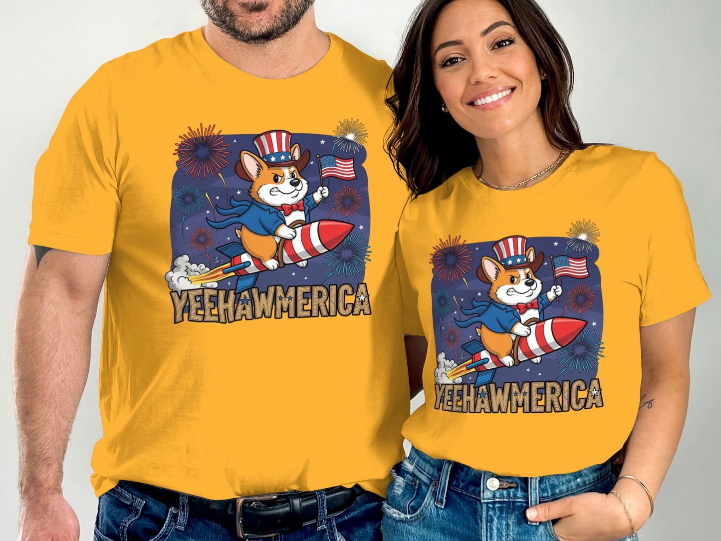 Couple wearing yellow t-shirts with cartoon corgi on rocket, "Yeehawmerica" text.