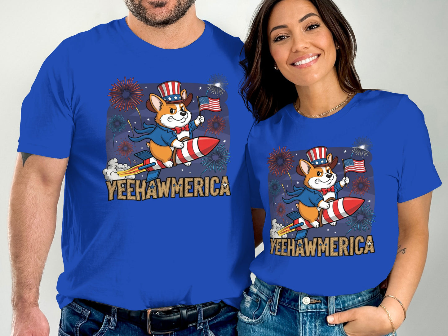 Couple wearing matching blue t-shirts with a patriotic corgi on a rocket graphic.