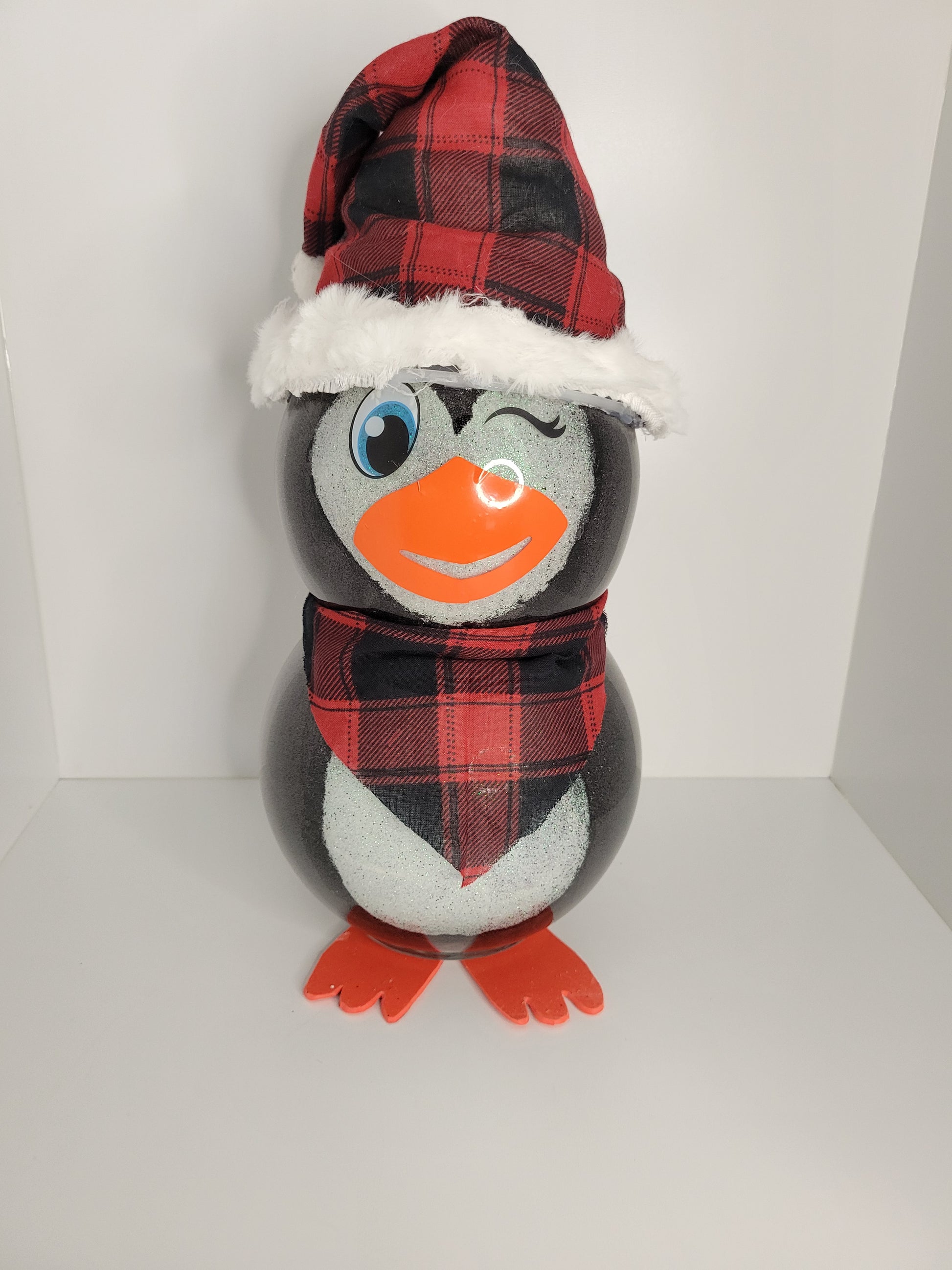 Winking Penguin with Santa Hat and Scarf Holiday Decor