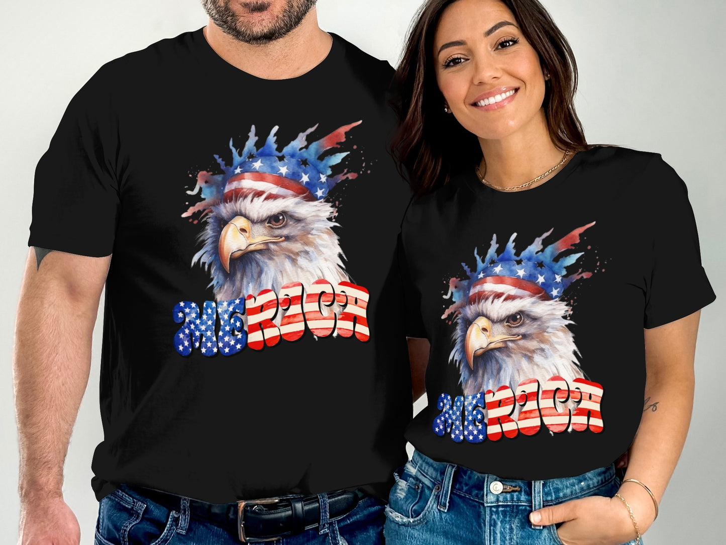Two people wear black t-shirts featuring an eagle and "USA" in American flag colors.