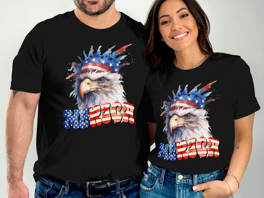 Two people wear black t-shirts featuring an eagle and "USA" in American flag colors.