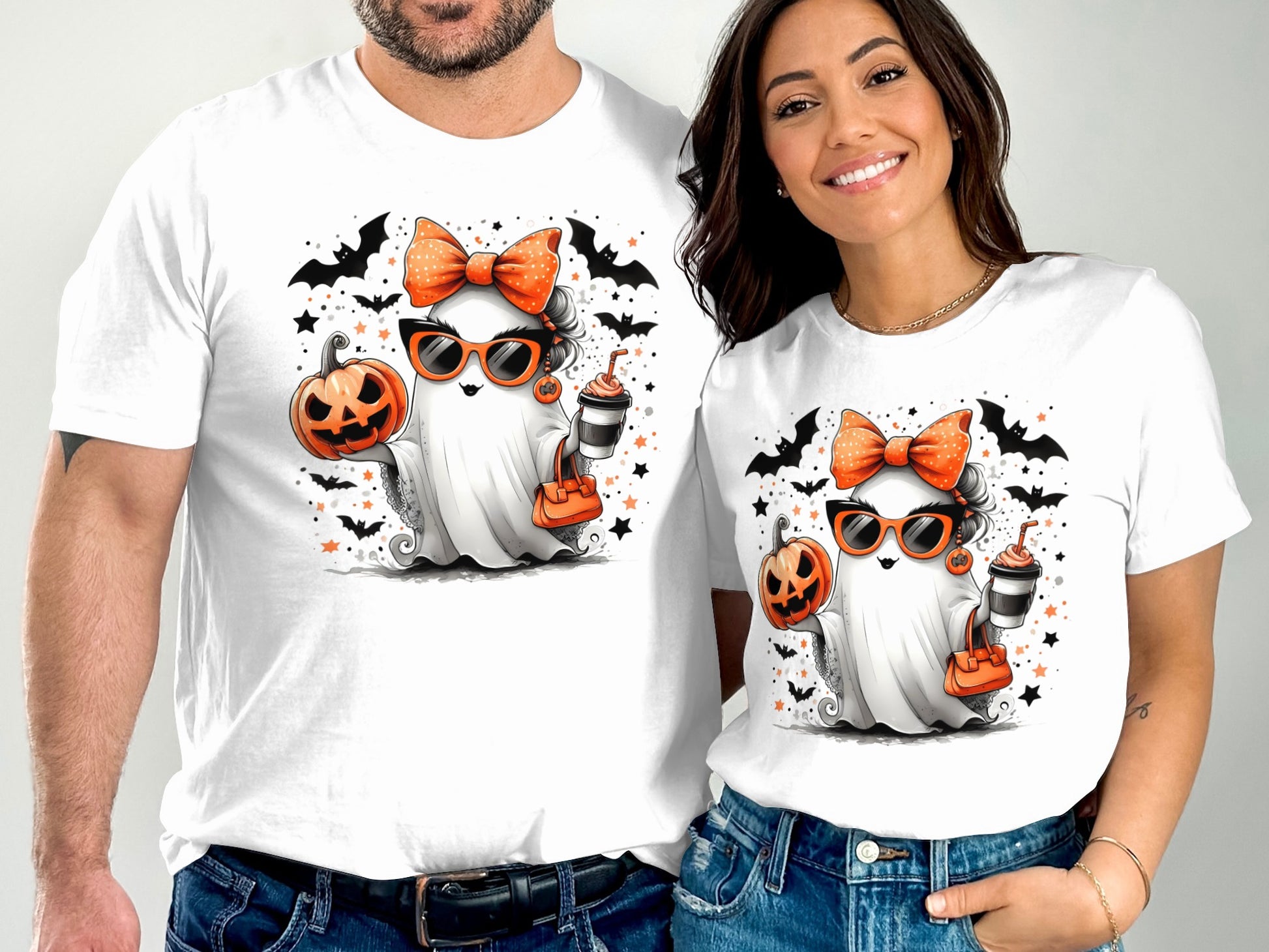 Halloween Ghost Print T-Shirts with Cute Pumpkin Design product type