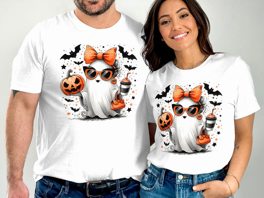 Halloween Ghost Print T-Shirts with Cute Pumpkin Design product type