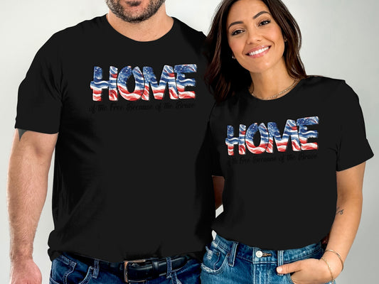 Black t-shirts with "HOME" in American flag text and patriotic quote.