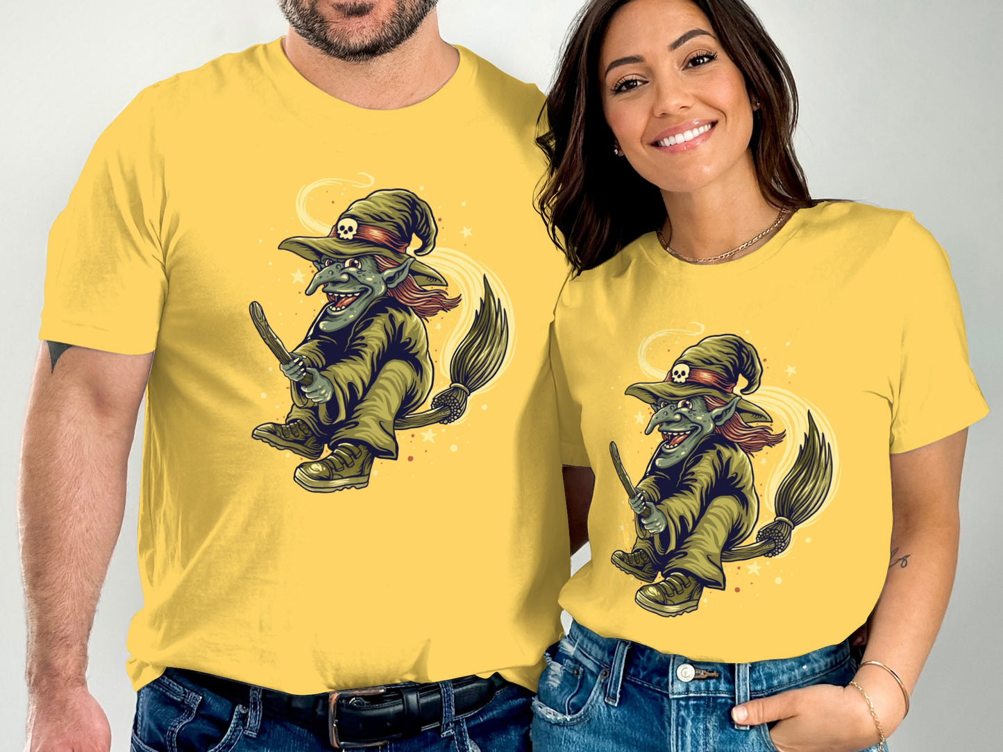 Funny Witch Riding Broomstick Illustration T-Shirt product type