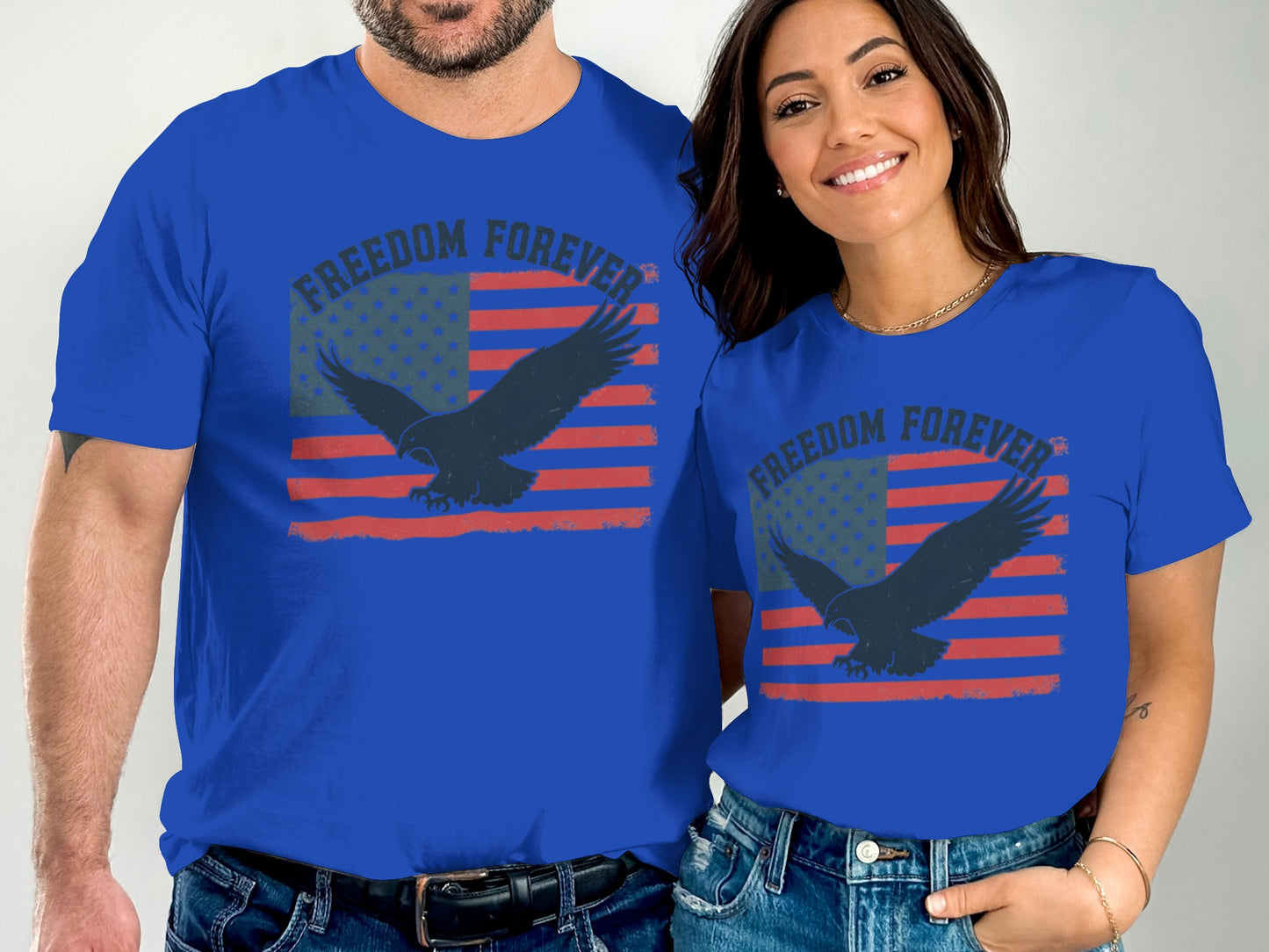 Blue t-shirts with eagle and American flag graphic, "Freedom Forever" text.