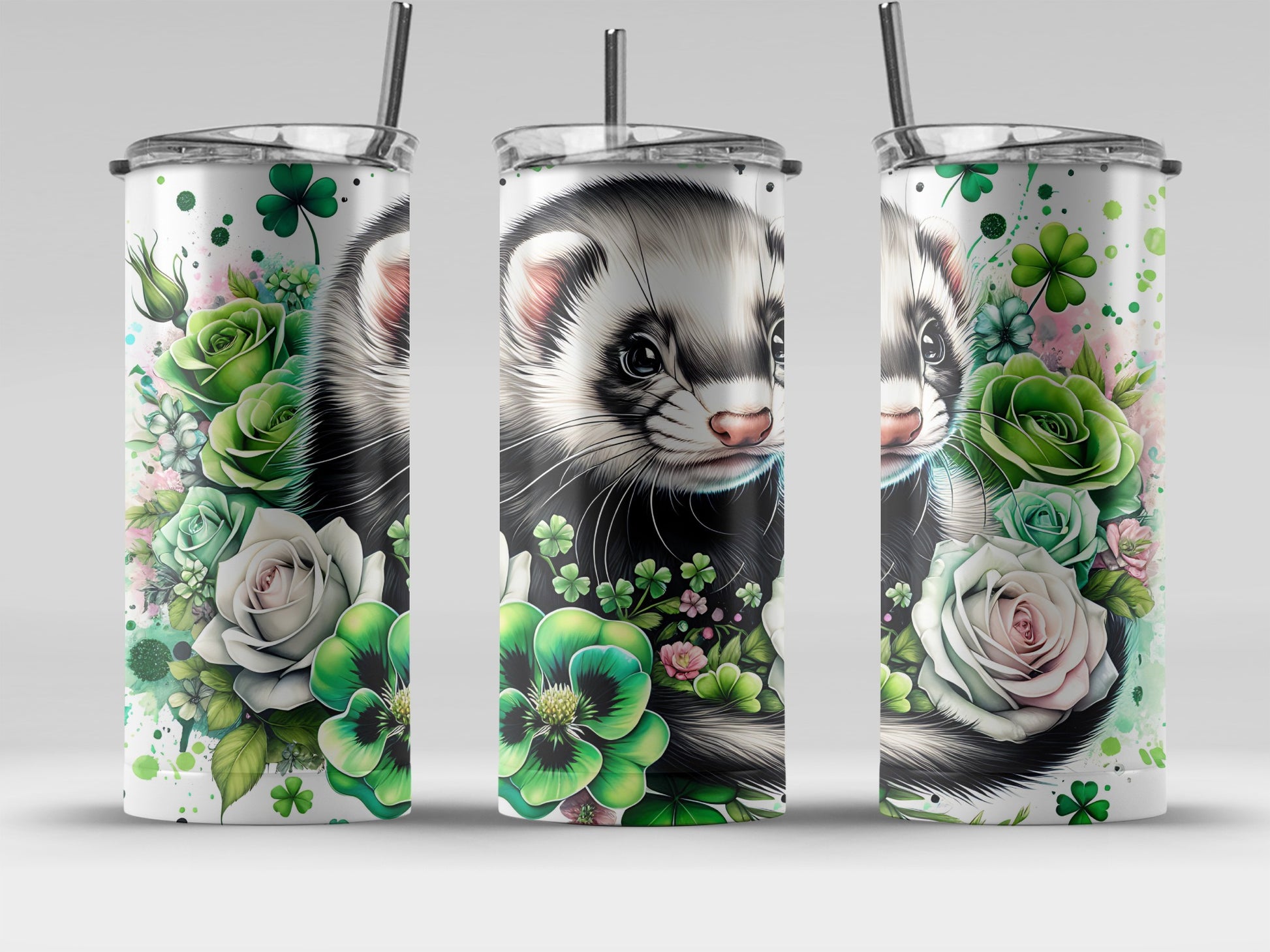 Ferret and Green Floral Design Tumbler Cup