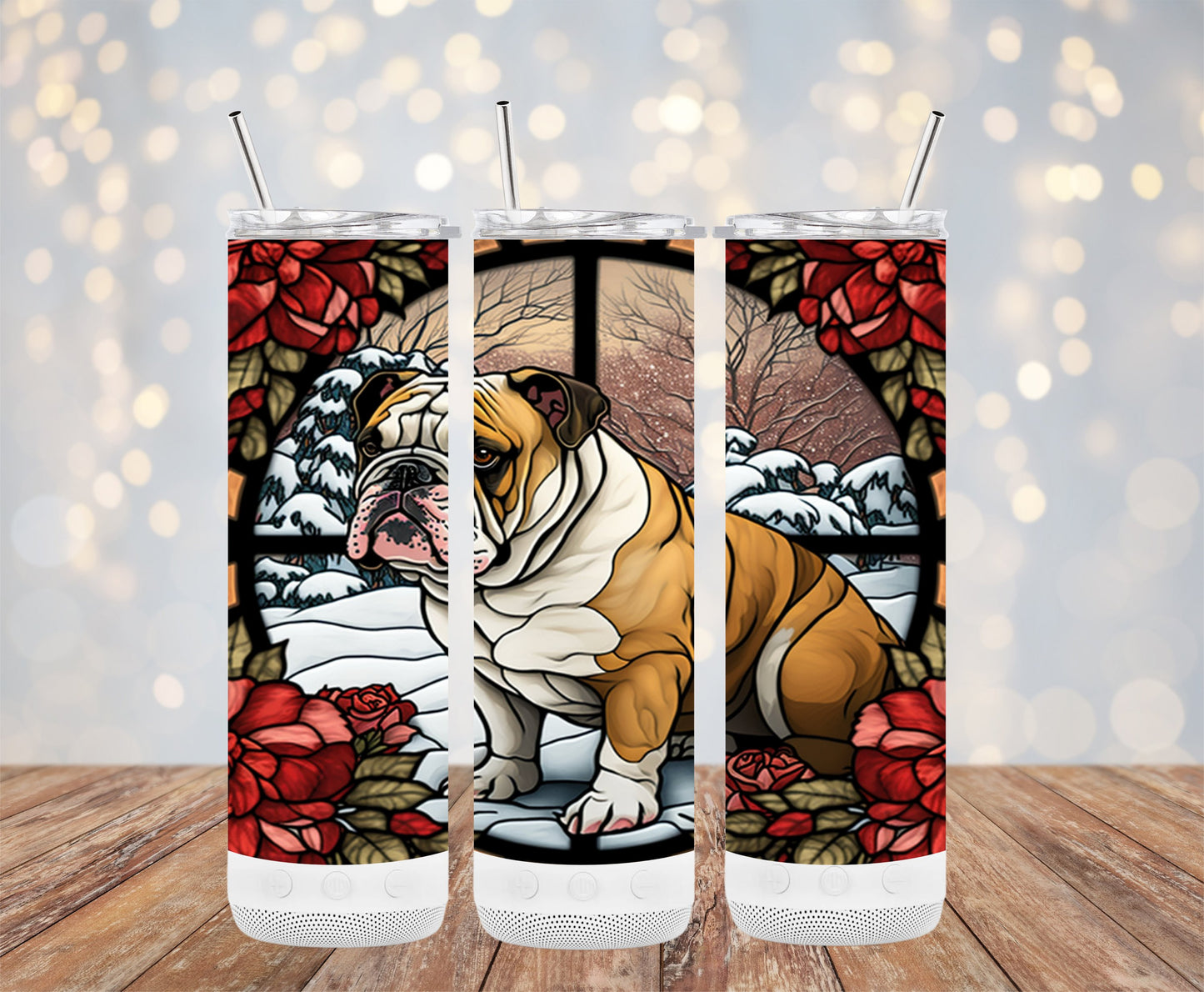 Winter Bulldog and Roses Design Tumbler Cup Product
