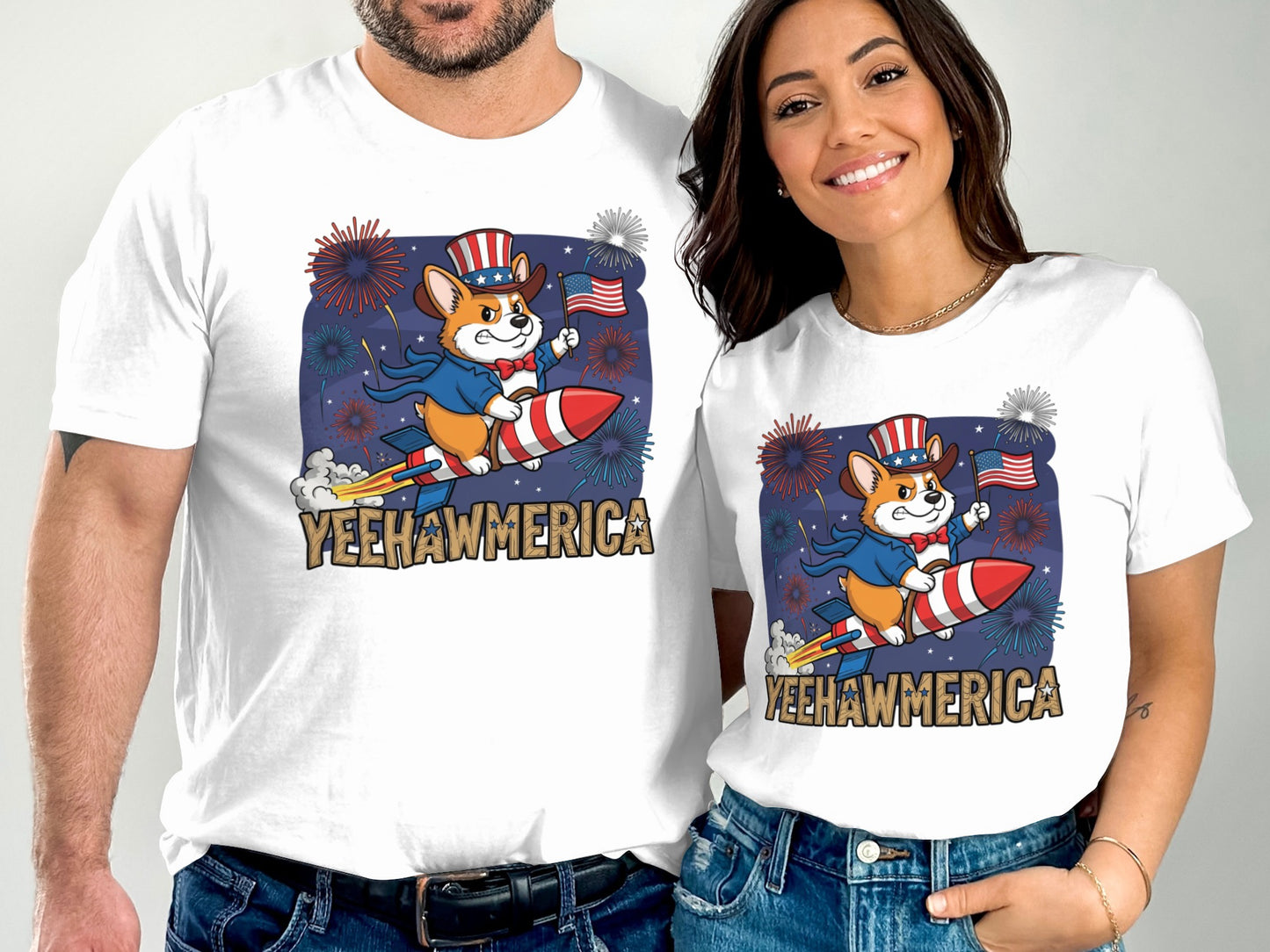 Two people wear white t-shirts with a corgi in a top hat riding a rocket.