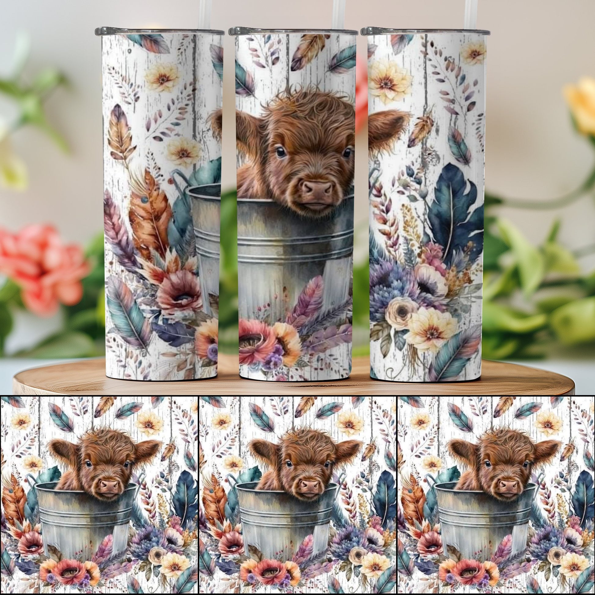 Highland Cow Floral and Feather Decor Tumbler product type