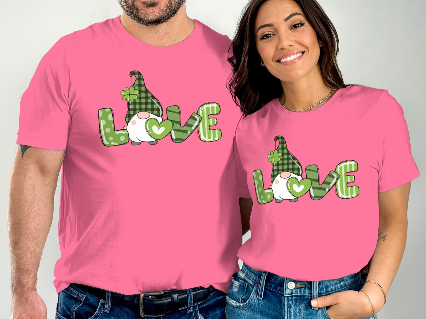 Pink Love Gnome Matching Couple T-Shirt Set