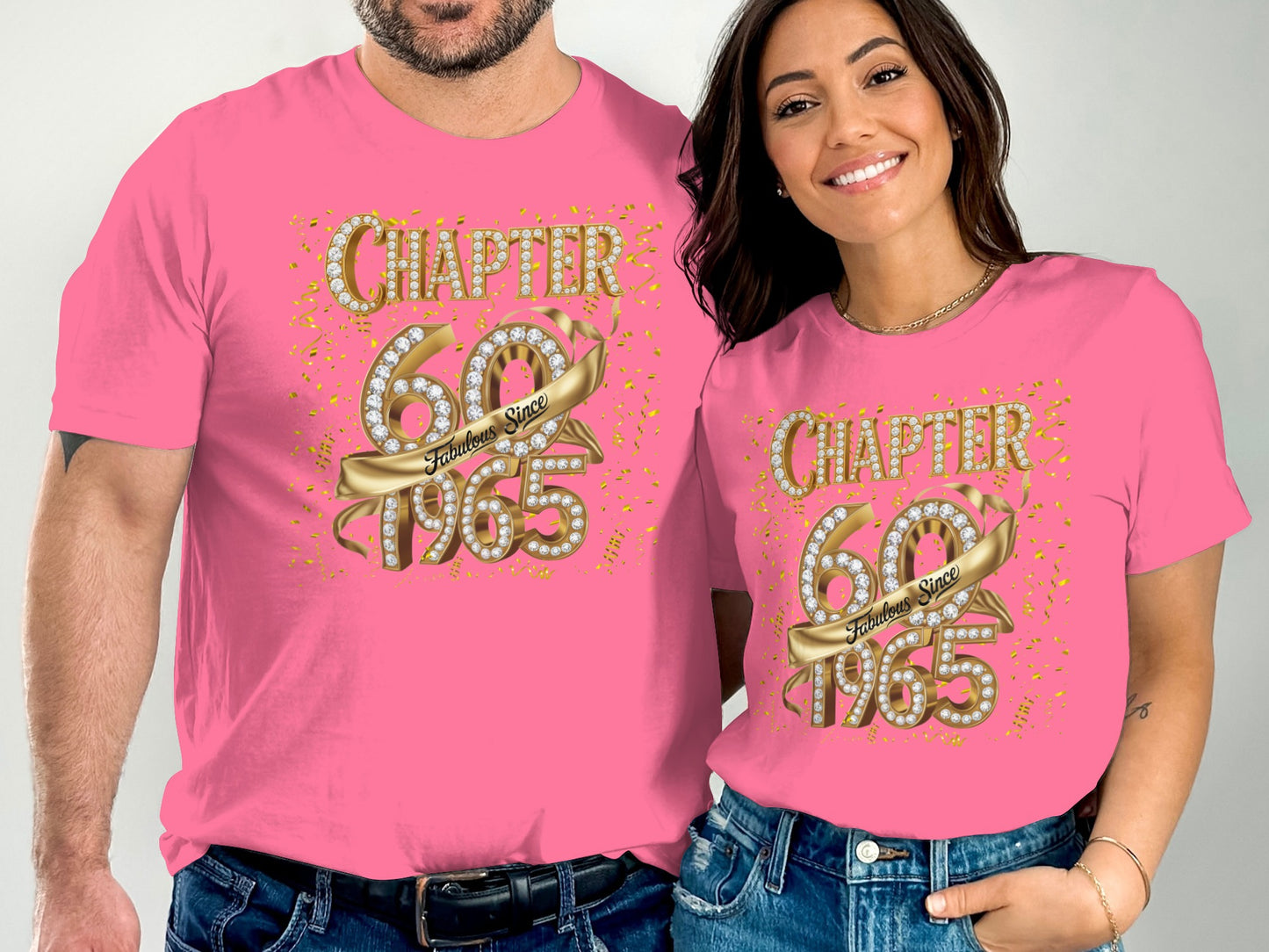 Couple wearing matching pink t-shirts with Chapter 60 Fabulous Since 1965 gold and rhinestone design