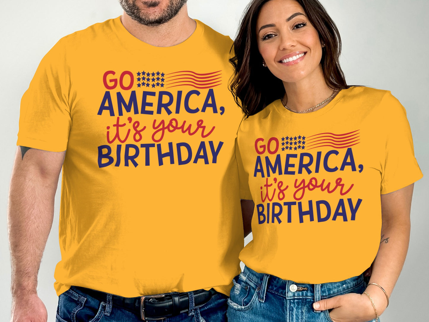 Yellow t-shirts with "GO AMERICA, it's your BIRTHDAY" and American flag graphic.
