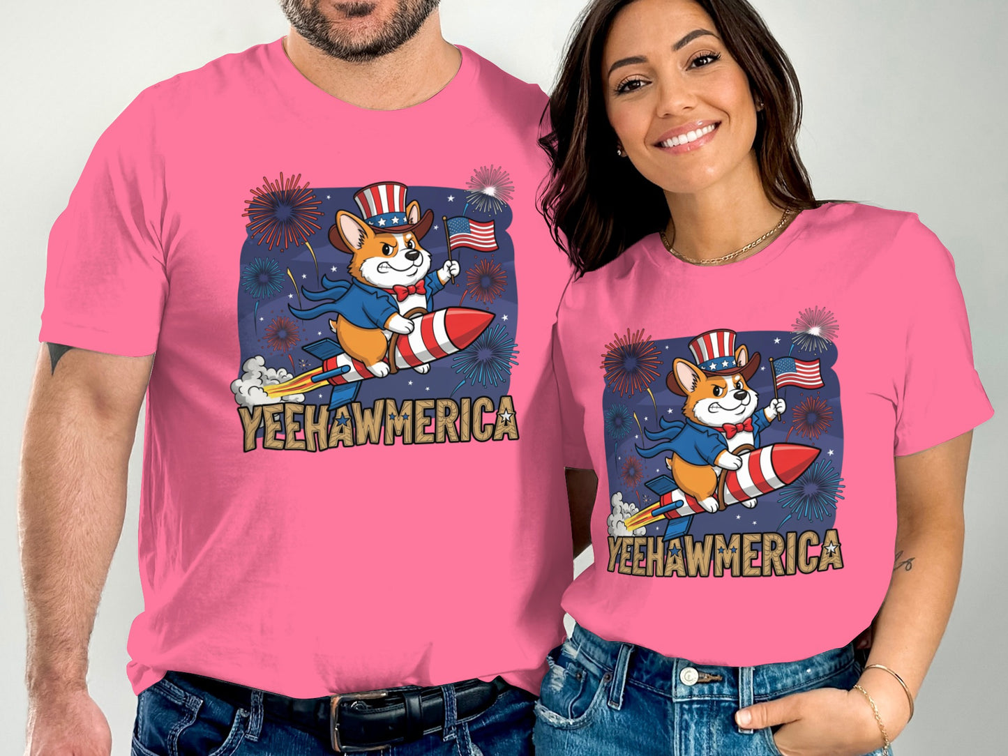 Couple in pink t-shirts with "Yeehawmerica" rocket design.