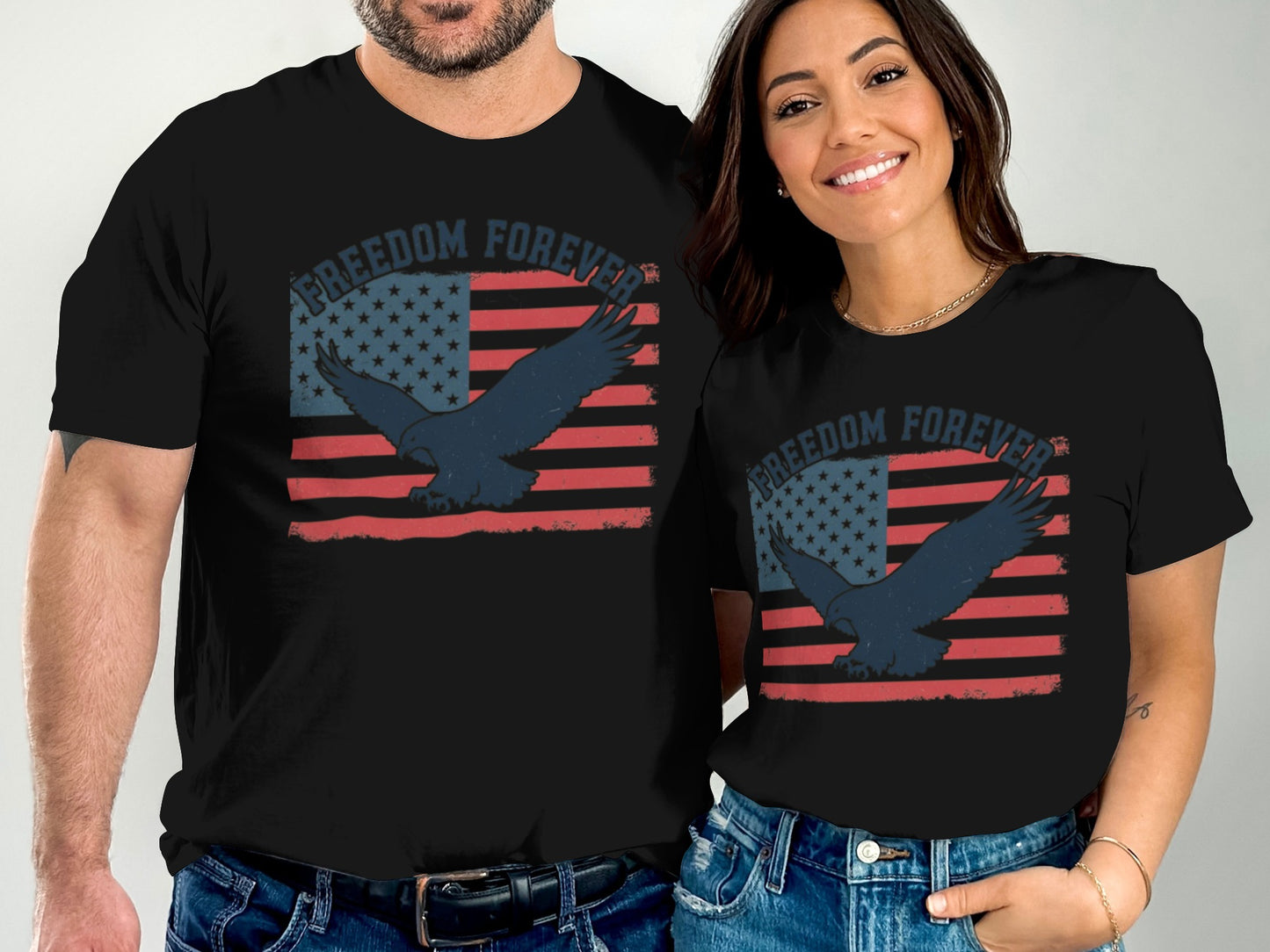 T-shirt with American flag and eagle graphic, text "FREEDOM FOREVER".