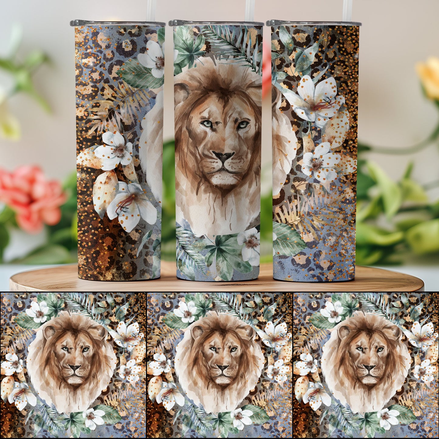Majestic Lion's Floral Splendor Artful Tumbler product