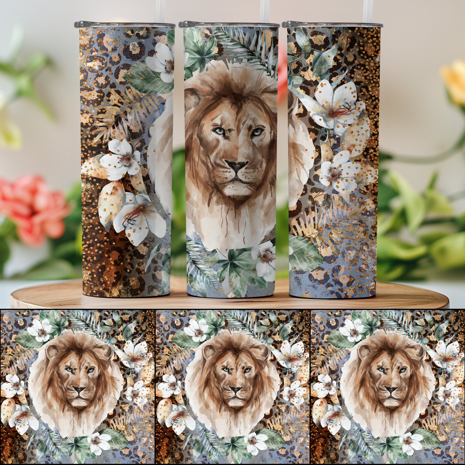 Majestic Lion's Floral Splendor Artful Tumbler product
