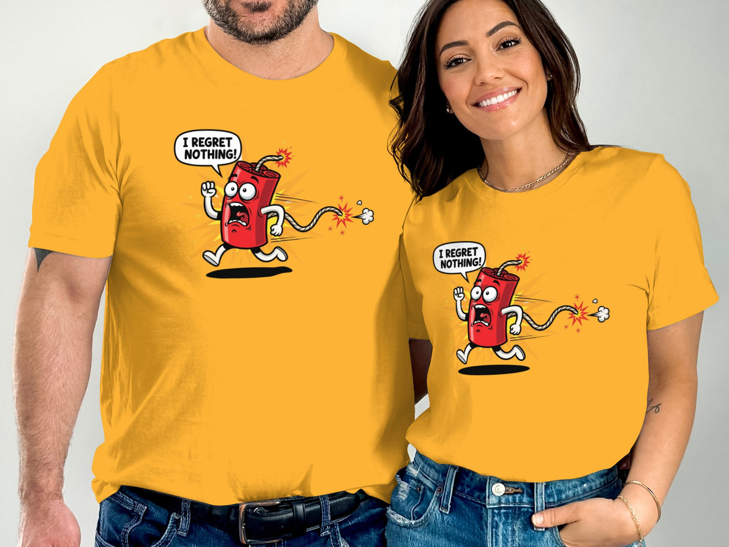 Couple wearing yellow t-shirts with cartoon character saying "I regret nothing!"