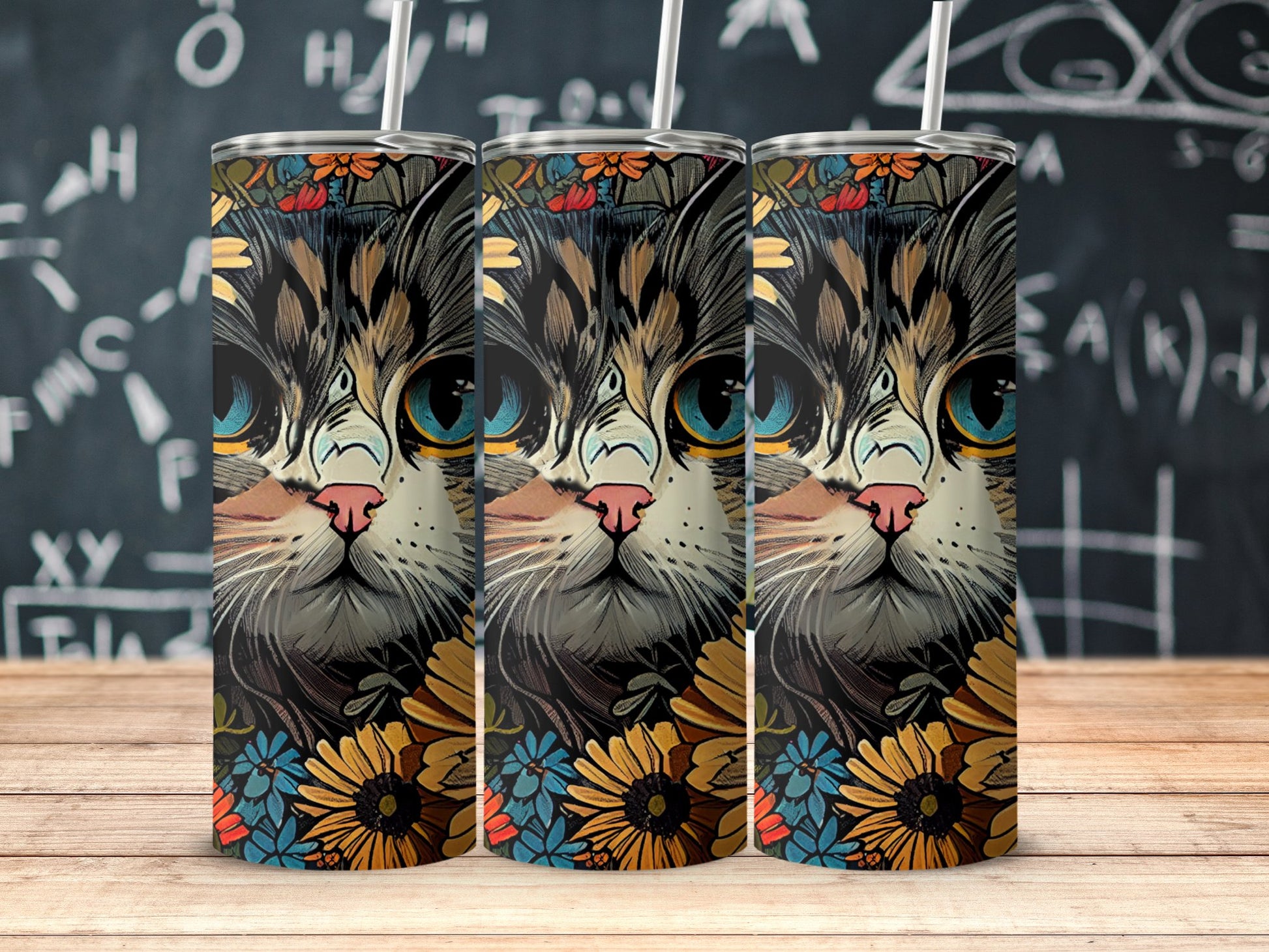 Colorful Artistic Cat Design Floral Pattern Drinkware product