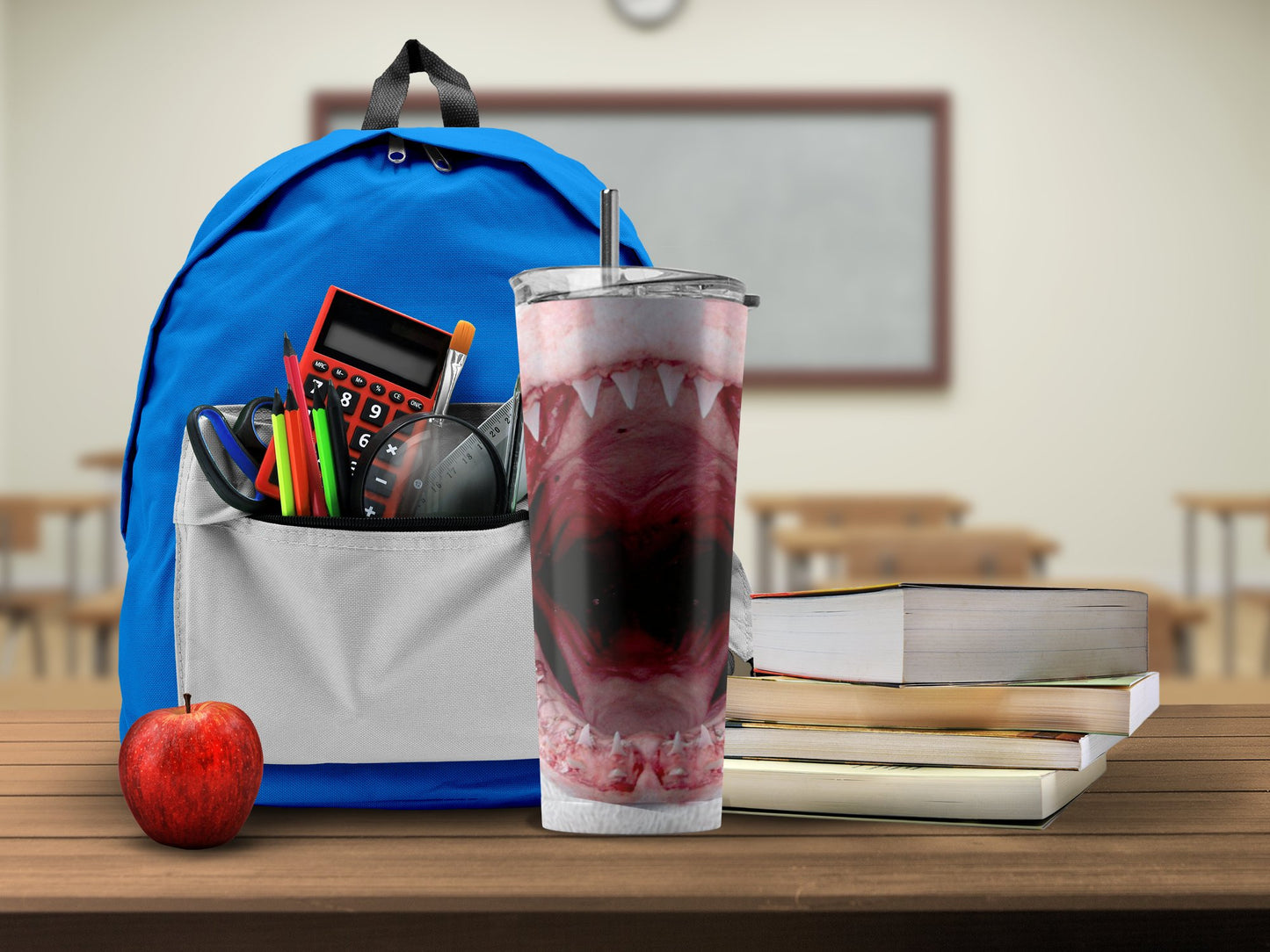 Shark-themed tumbler with lid for school use product