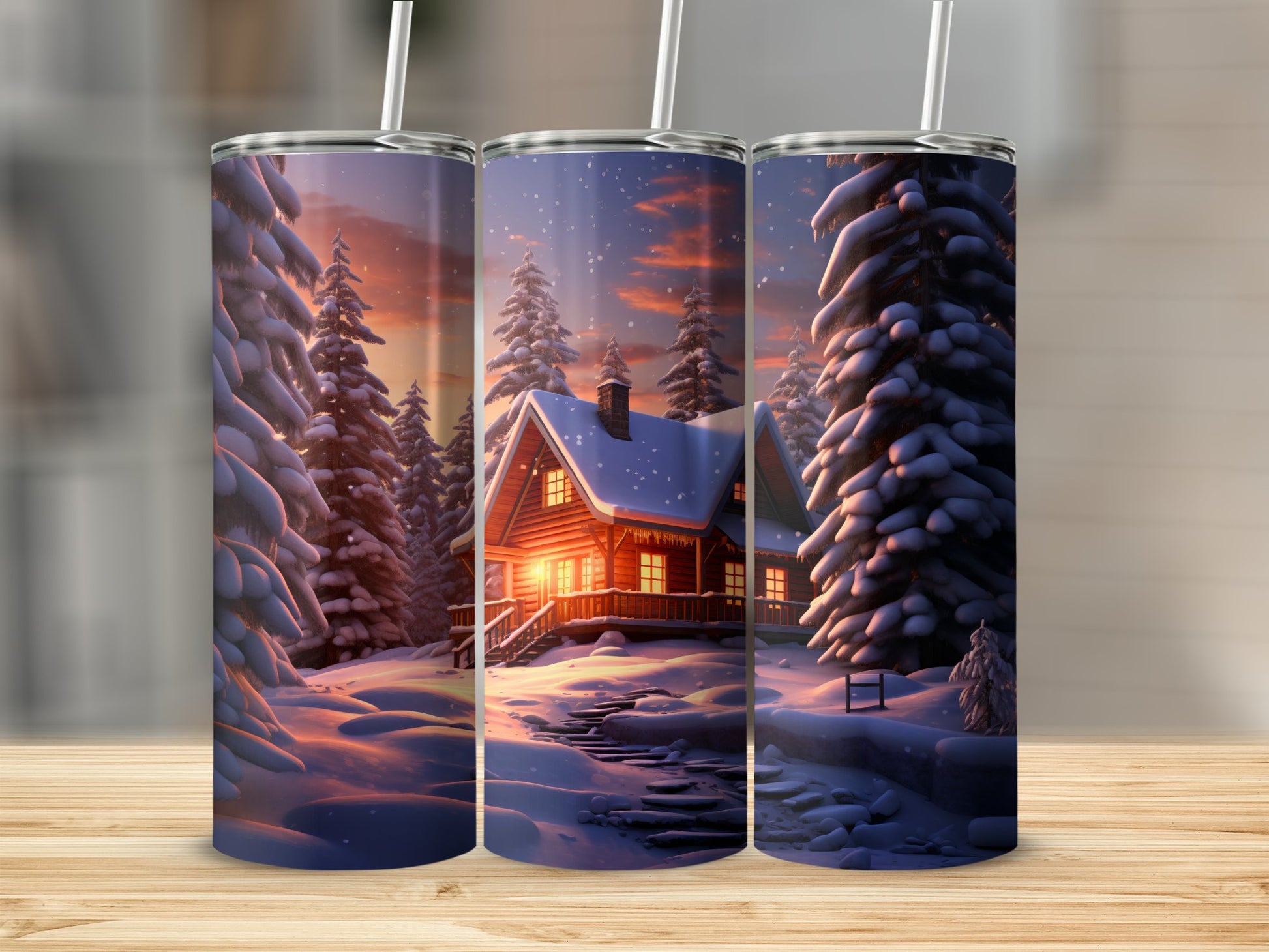 Cozy Winter Cabin Scene with Snow Covered Trees product