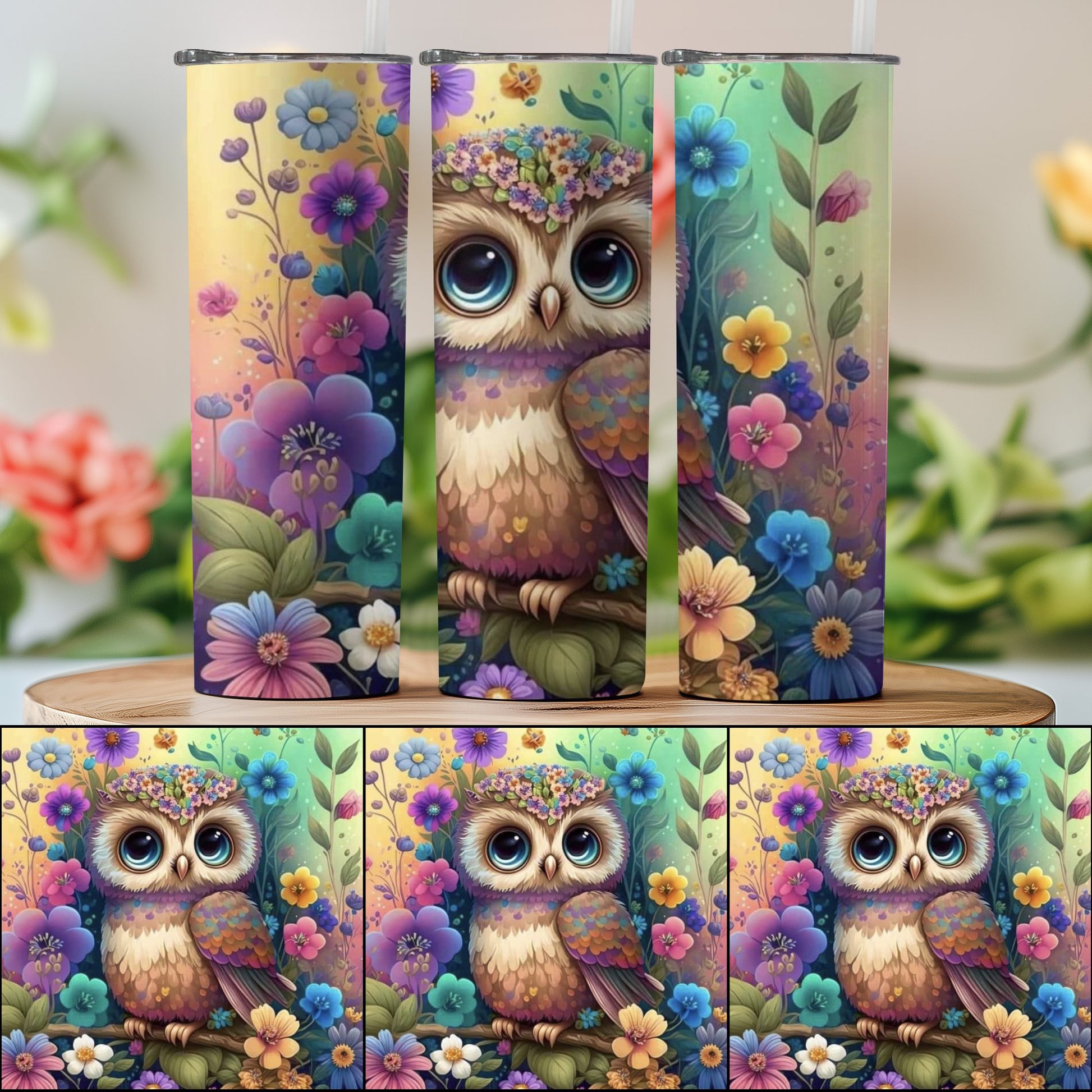 Floral Owl Art Design Colorful Tumbler Product