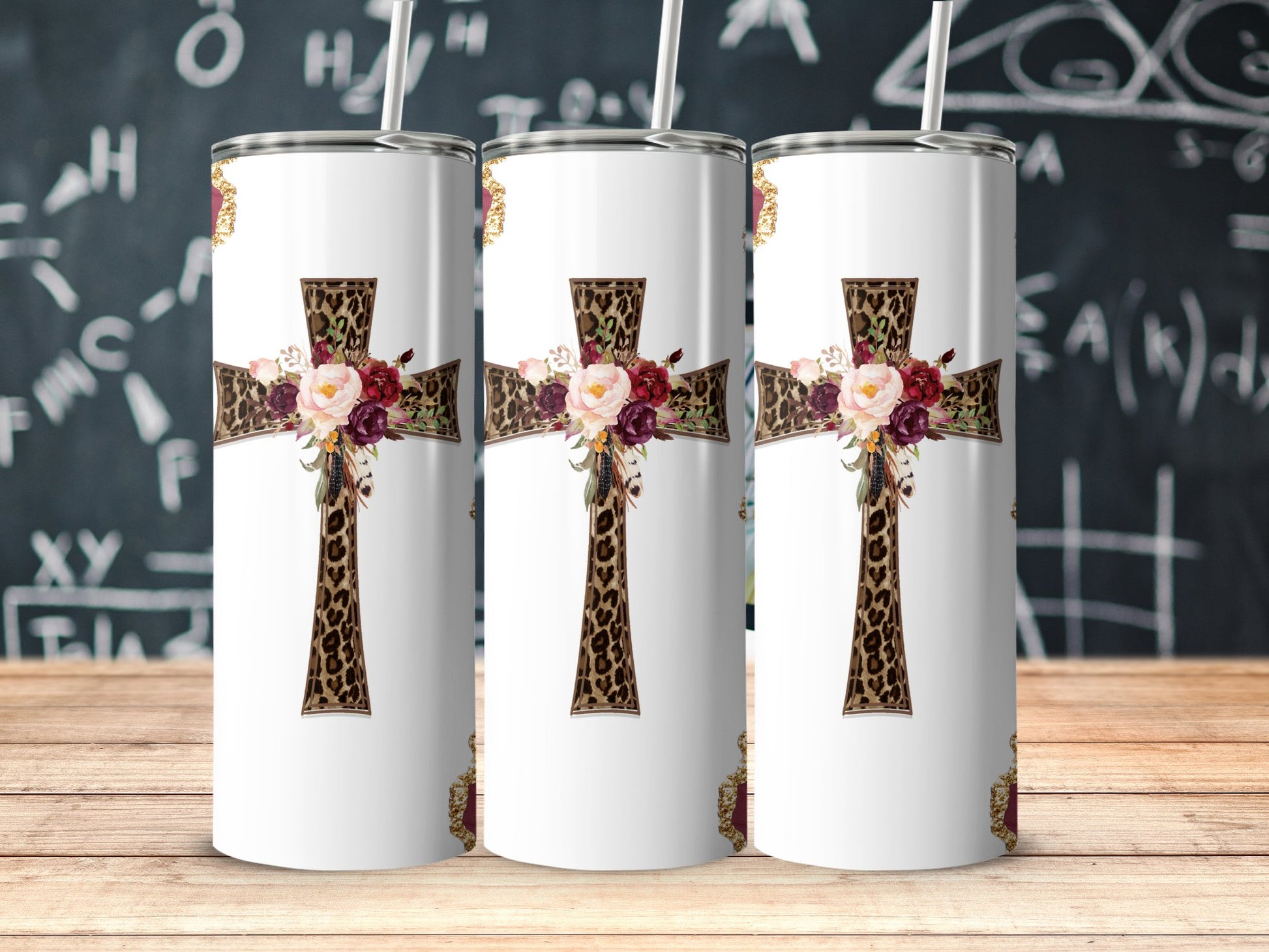 Floral Leopard Cross on White Background tumbler product