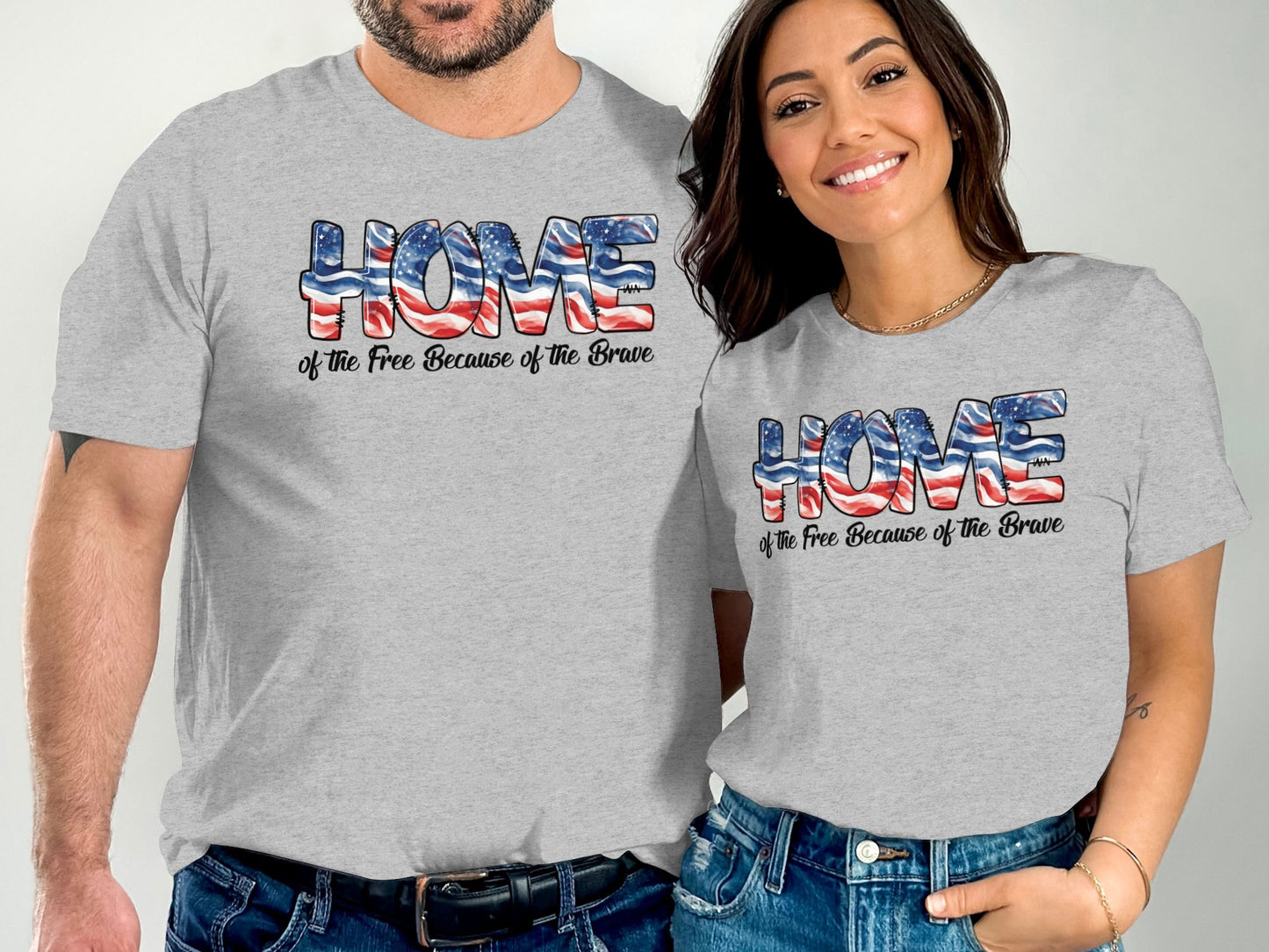 Grey t-shirts with "HOME of the Free Because of the Brave" in patriotic design.
