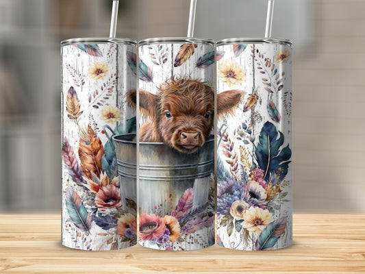 Cute Highland Cow Floral Art on Beverage Tumbler product type