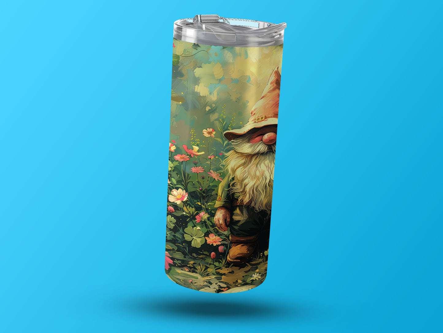 Whimsical Garden Gnome and Flowers Travel Tumbler