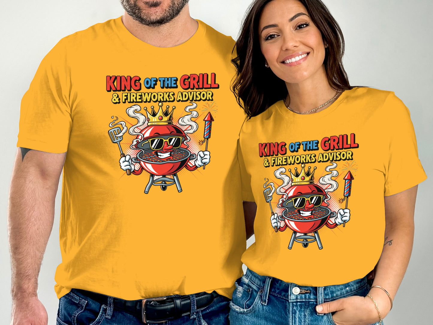 Yellow t-shirts with cartoon grill wearing sunglasses and crown, text "King of the Grill".