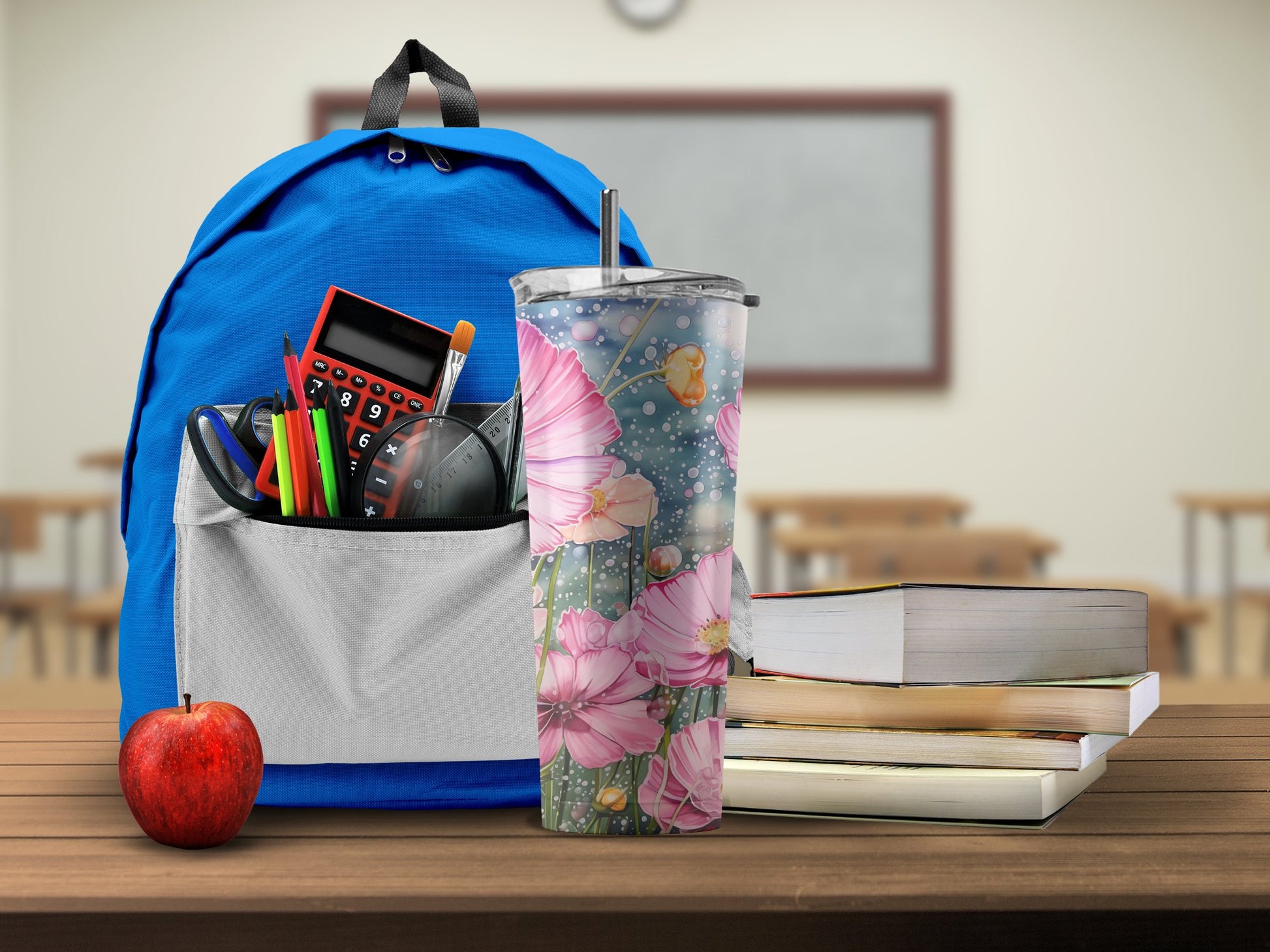 Floral Pattern Tumbler and Blue Backpack School product