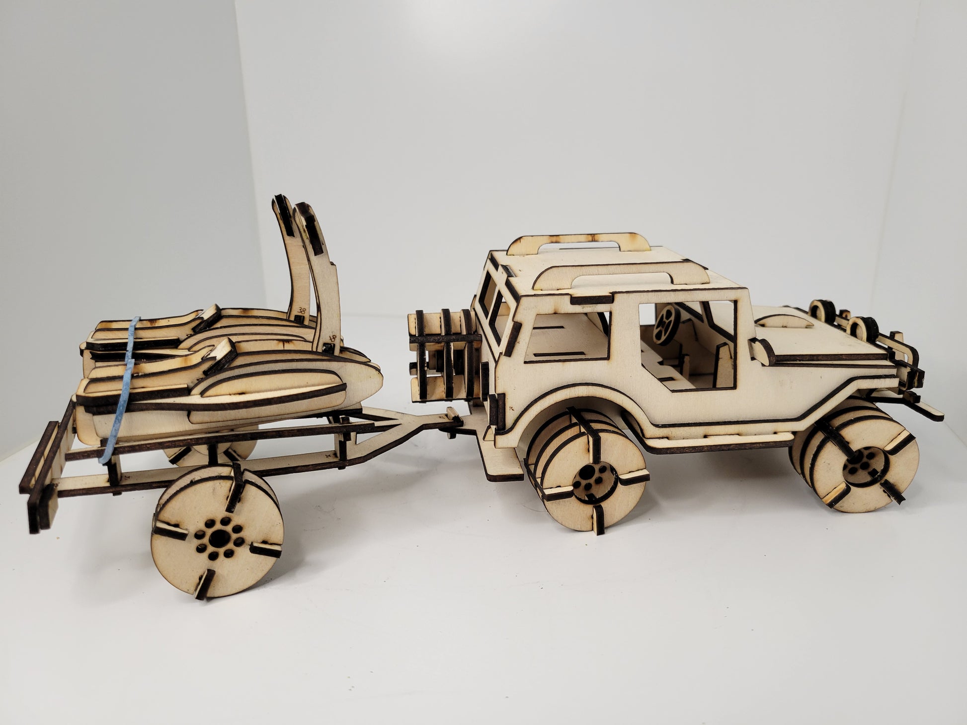 Detailed Wooden Model Car and Trailer Toy Set