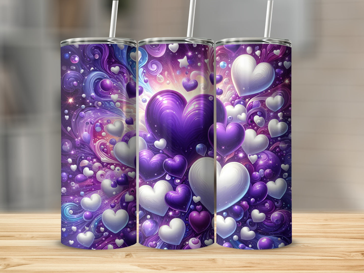 Purple and White Floating Hearts Tumbler Cup Design