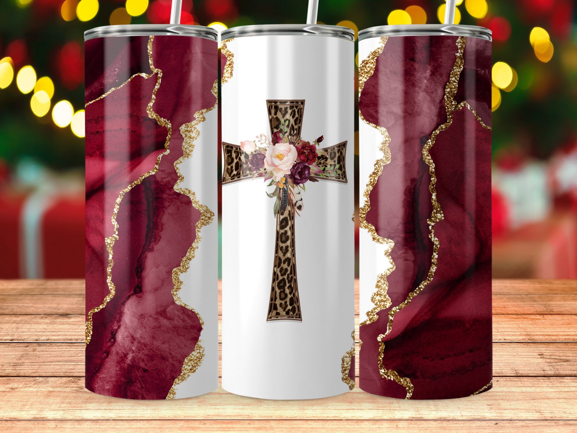 Burgundy and Gold Leopard Cross Skinny Tumbler product