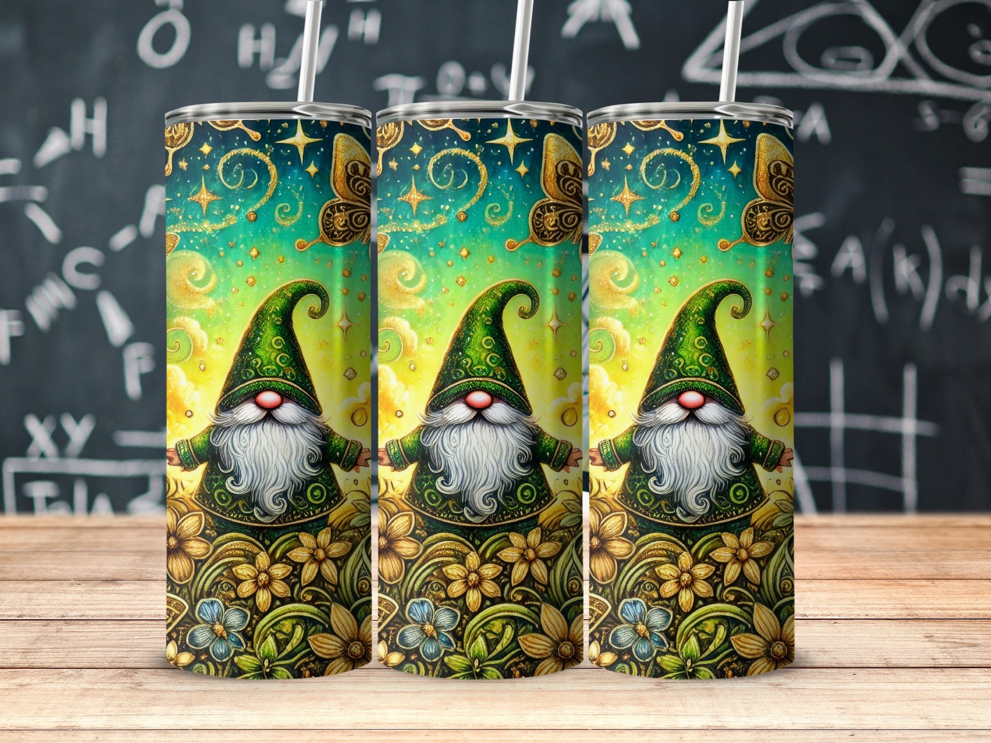 Colorful Gnome Tumbler with Floral Background Design