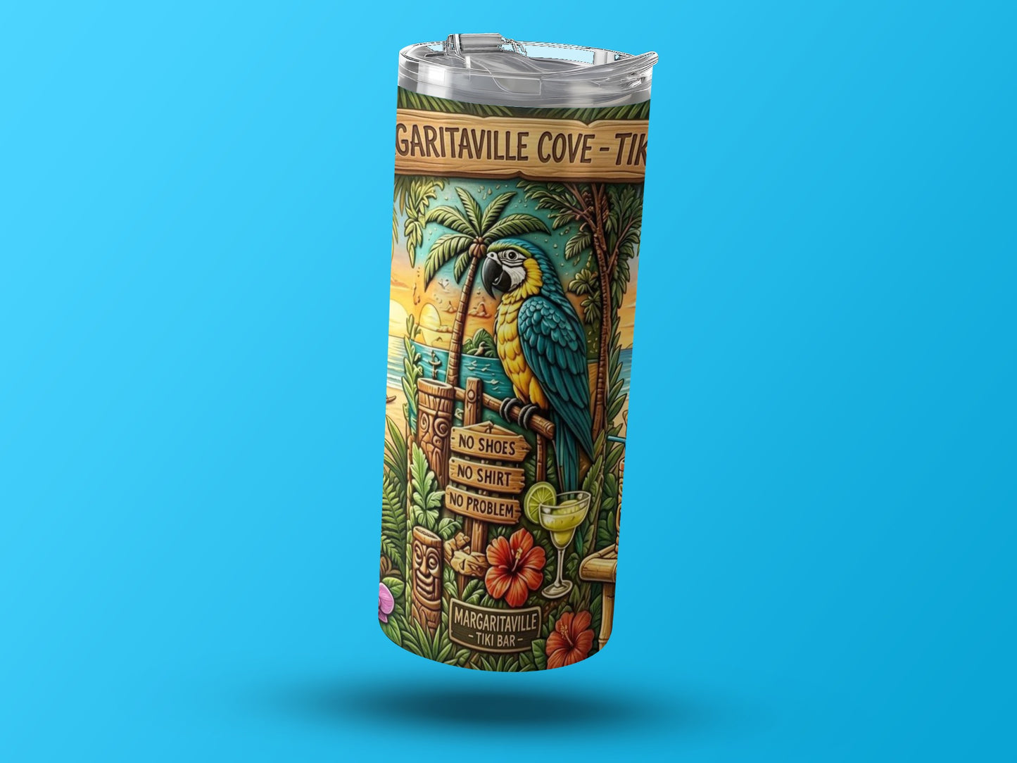 Tumbler with a parrot, beach scene, and Margaritaville "No Shoes, No Shirt, No Problem" text.