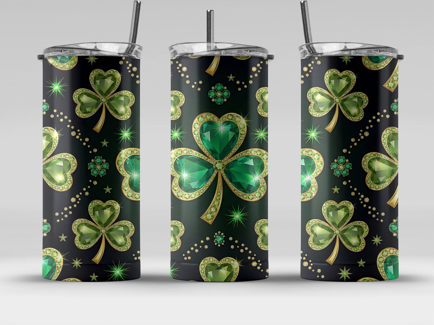Glittering Shamrock Design on Black Travel Tumbler