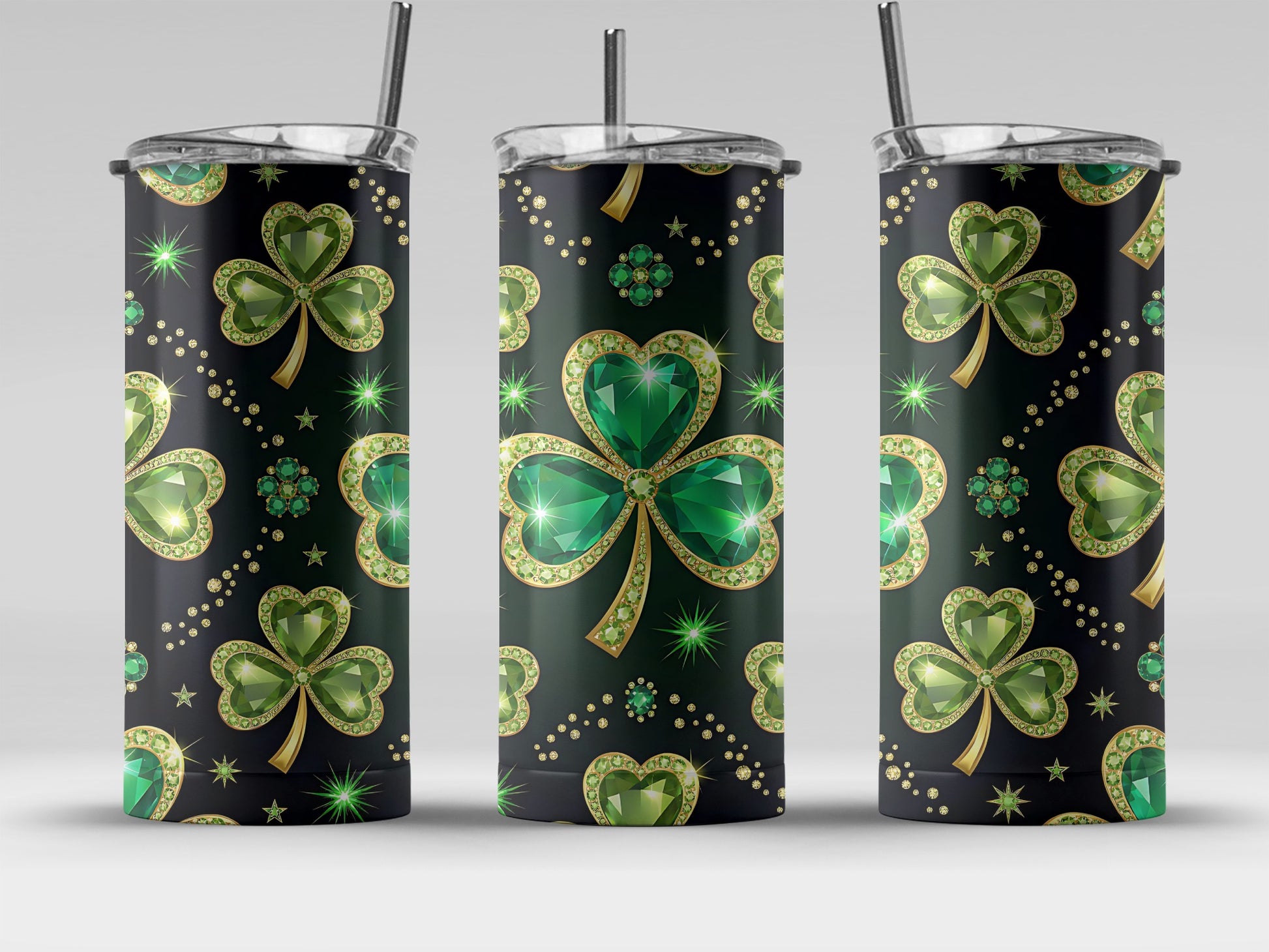 Glittering Shamrock Design on Black Travel Tumbler