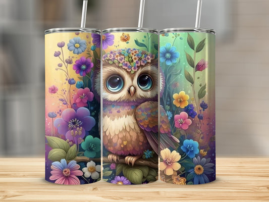 Colorful Owl and Flowers Art Tumbler product